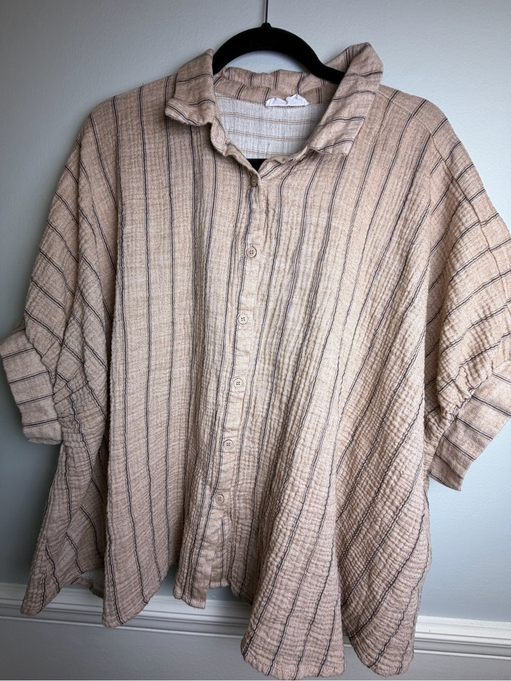 Anniewear Latte Striped Gauze Button Down Oversized Shirt 100% Cotton Size L